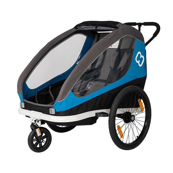 Image of Hamax Traveller Bike Trailer for 2 Kids, incl. drawbar and buggy wheel - petrol blue/grey