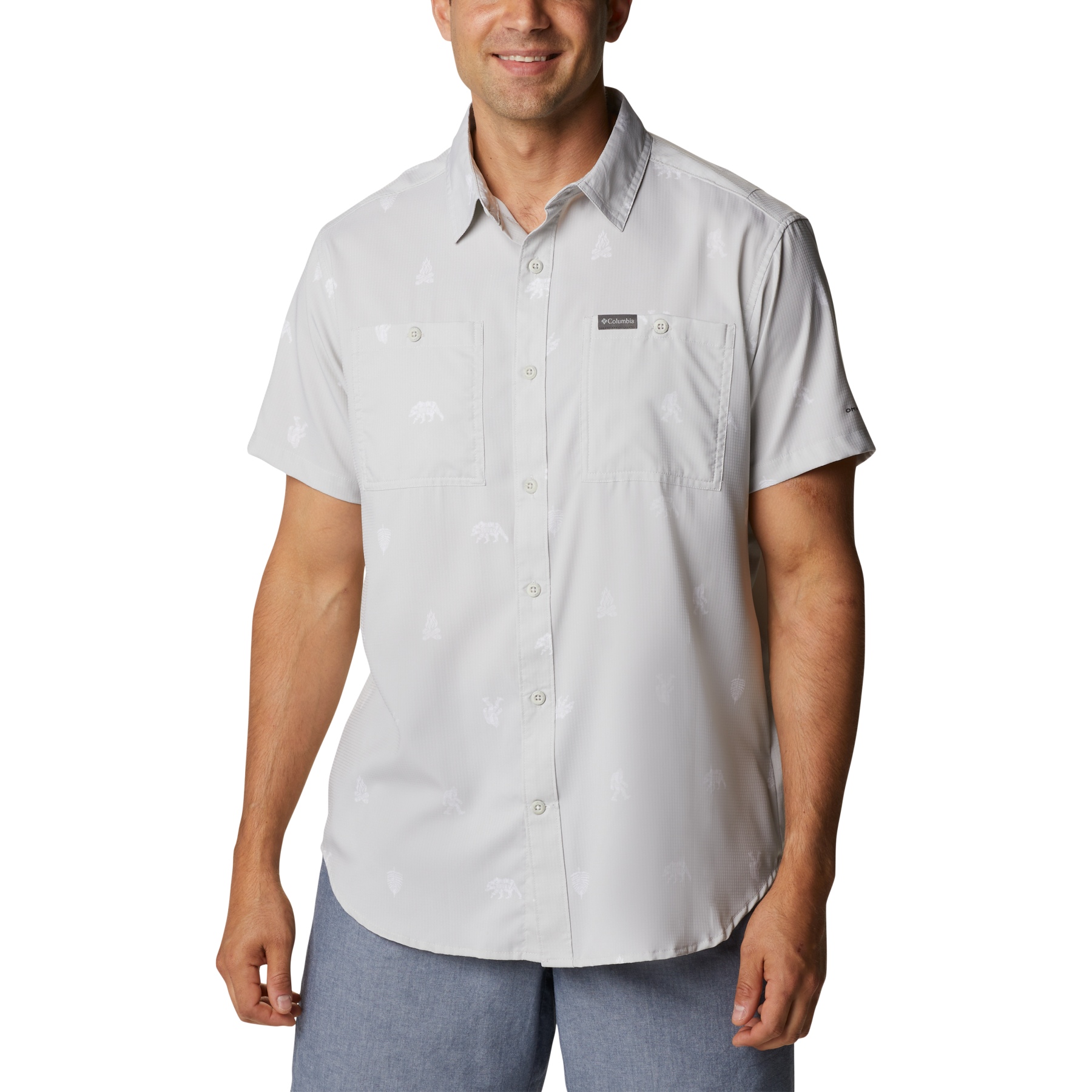 Image of Columbia Utilizer Printed Woven Short Sleeve Shirt - Nimbus Grey Camp Social