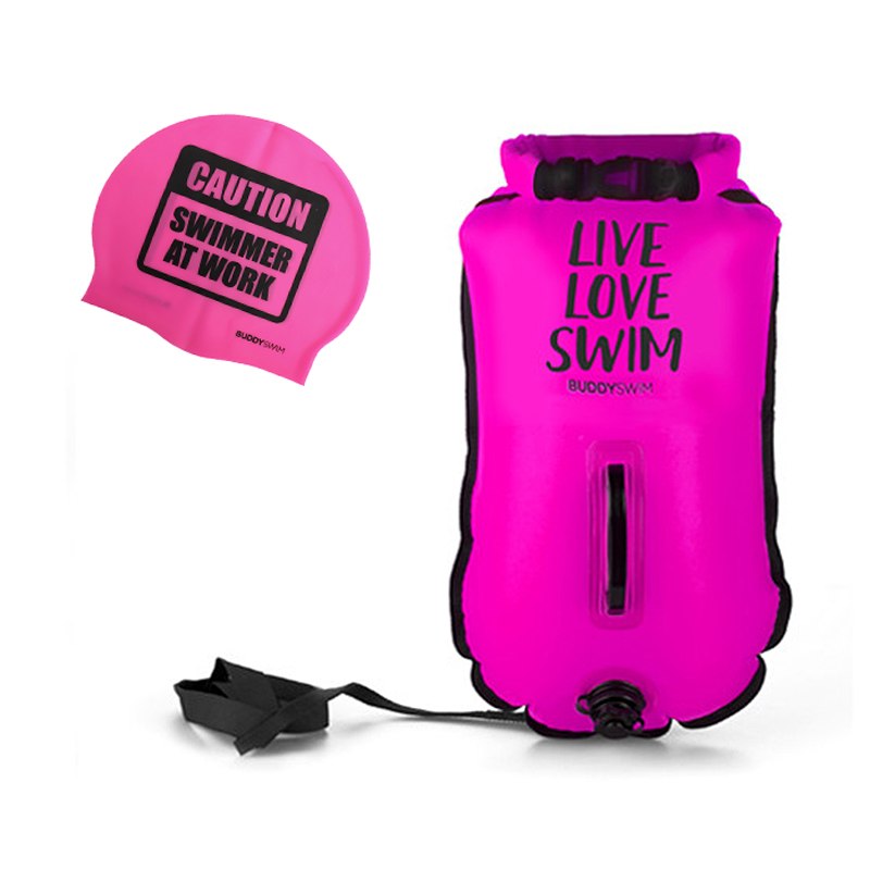 Photo produit de Buddyswim Boya Drybag 20lt - Bouée Flottante + Bonnet de Bain - pink/live love swim