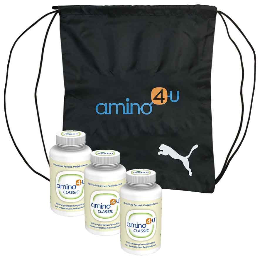 Produktbild von amino4u Classic Aminosäuren Nahrungsergänzung - 3x120 Tabletten +  PUMA Gym Bag Trainingstasche