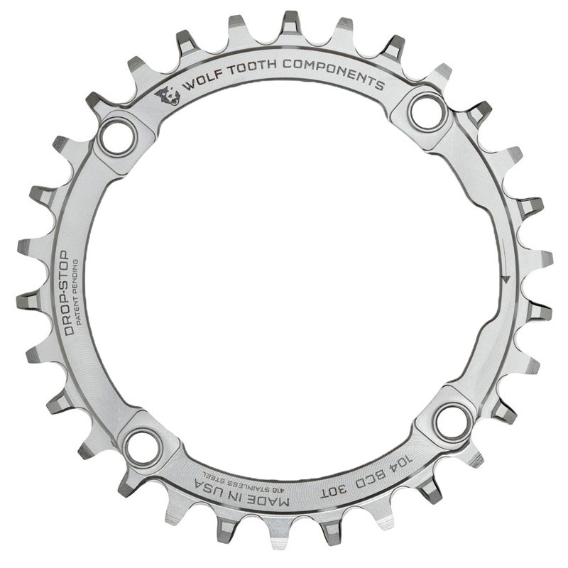 Photo produit de Wolf Tooth Single Chainring 104 - Stainless Steel - Drop Stop - silver