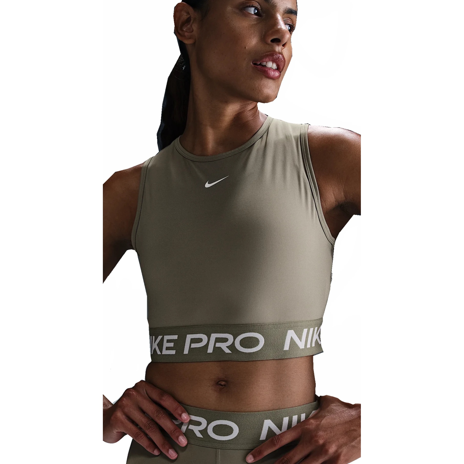 Укороченная майка Nike Pro Dri-Fit Для женщин - легкая армейская/белая FZ3615-320