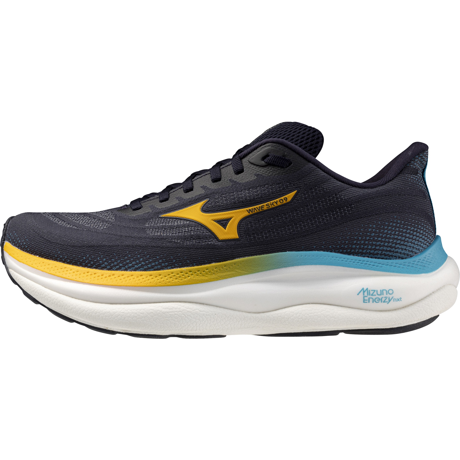Productfoto van Mizuno Wave Sky 9 Hardloopschoenen Heren - Baritone Blue/Citrus/Capri Breeze
