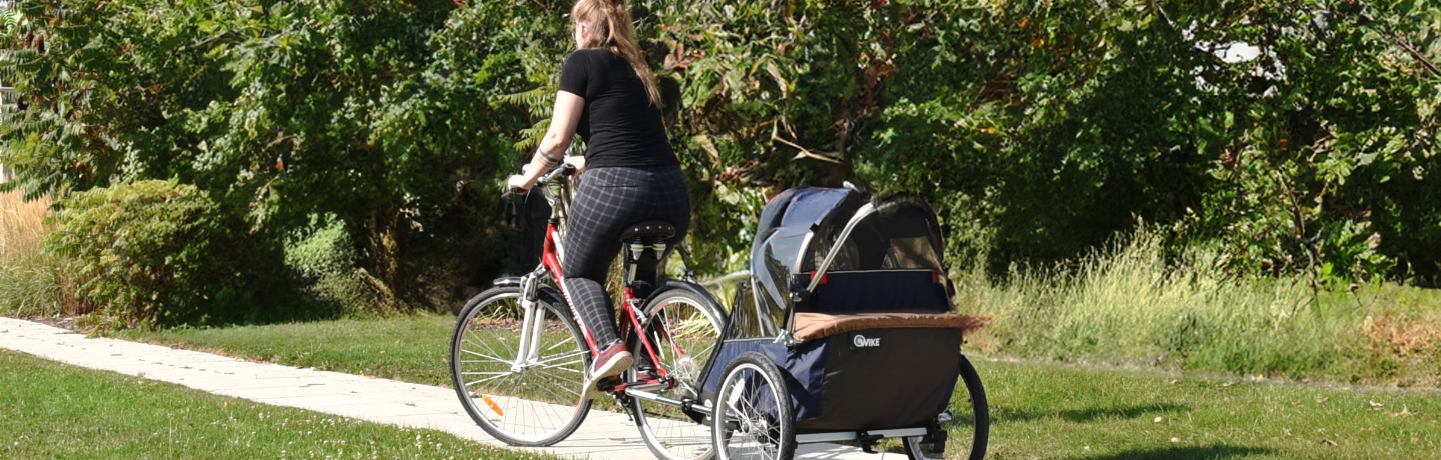 Frau fährt mit einem Fahrrad samt Wike Kinderanhänger durch einen sonnigen Park.