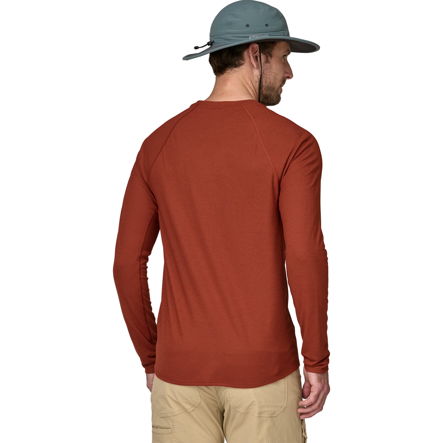 Patagonia Capilene Cool Trail Graphic Long Sleeve Shirt Men Outline Text Logo Golden Caramel