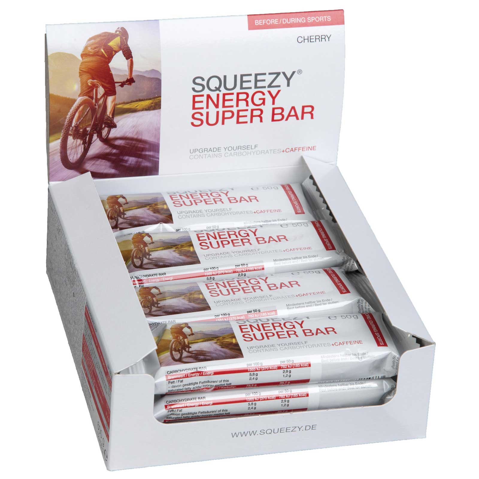 Produktbild von Squeezy Energy Super Bar Kirsche - Kohlenhydratriegel + Koffein - 12x50g