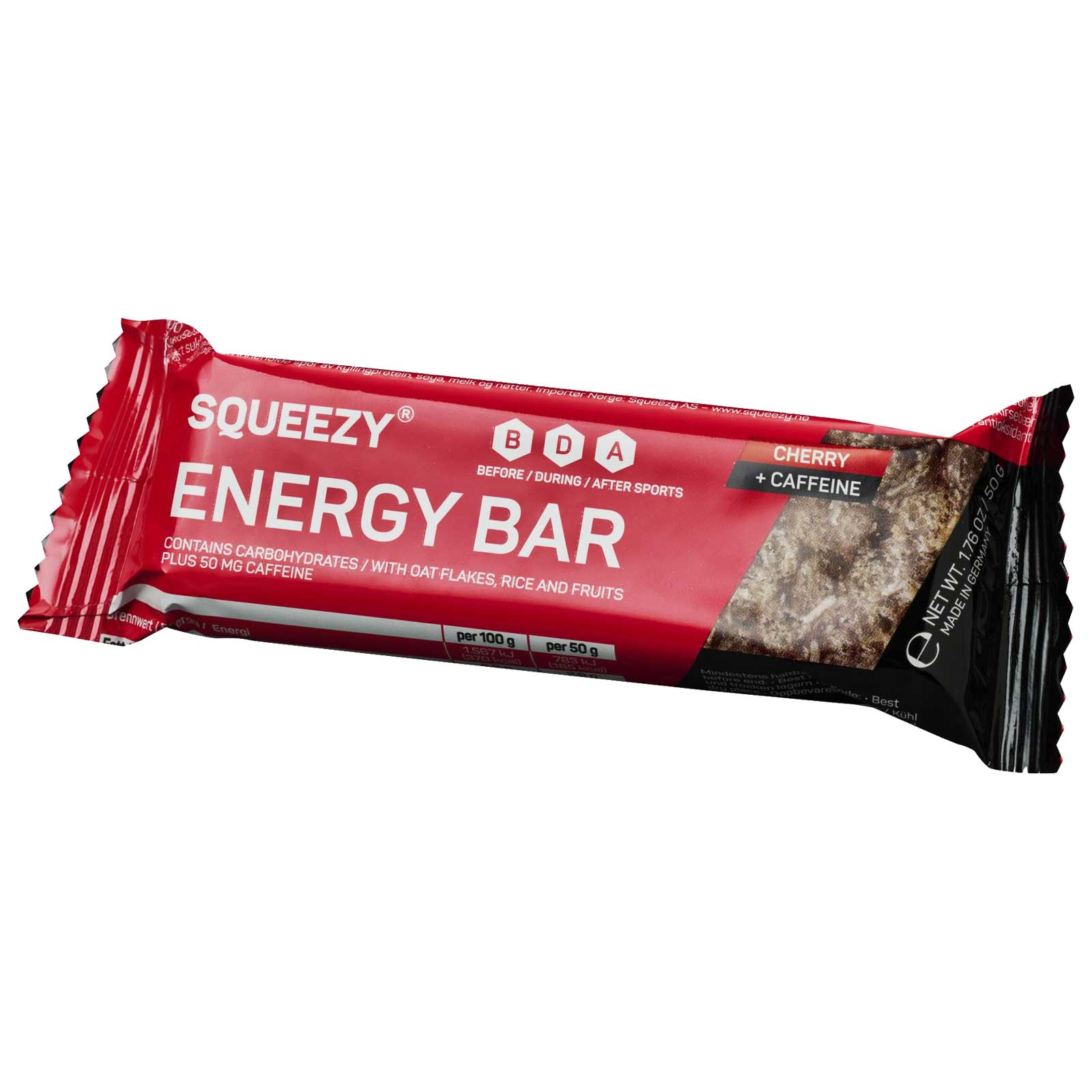 Foto van Squeezy Energy Bar Cherry - Koolhydraatreep + Cafeïne - 5x50g
