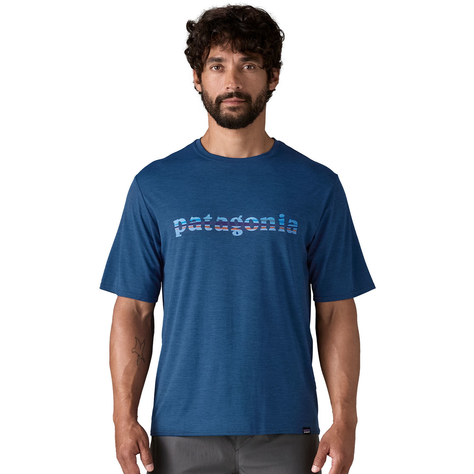 Productfoto van Patagonia Capilene Cool Daily Graphic T-Shirt Heren - 73 Text Logo: Clement Blue X-Dye