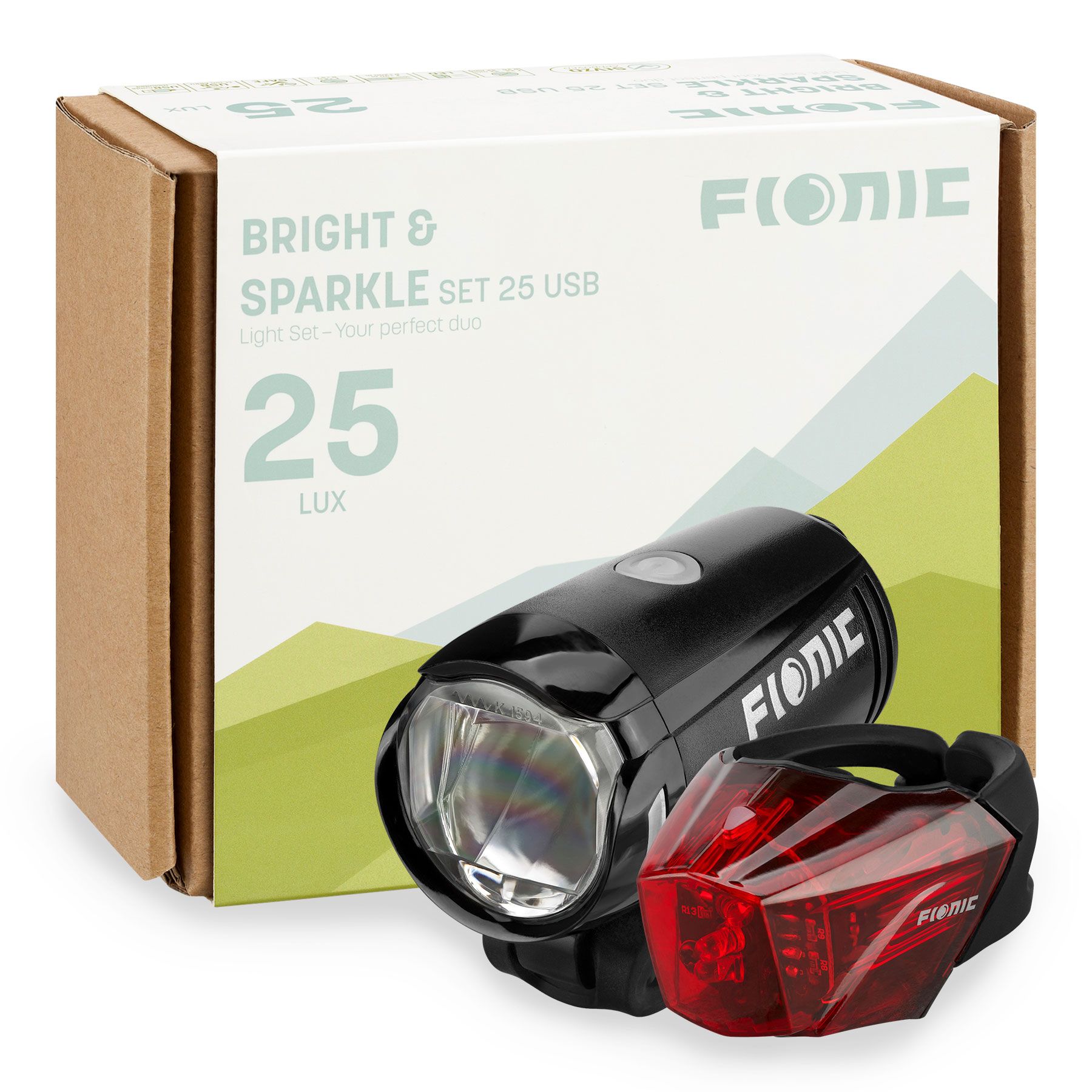 Productfoto van FIONIC Bright &amp; Sparkle Set 25 USB -Fietslamp Vooraan + Fietslamp Achteraan