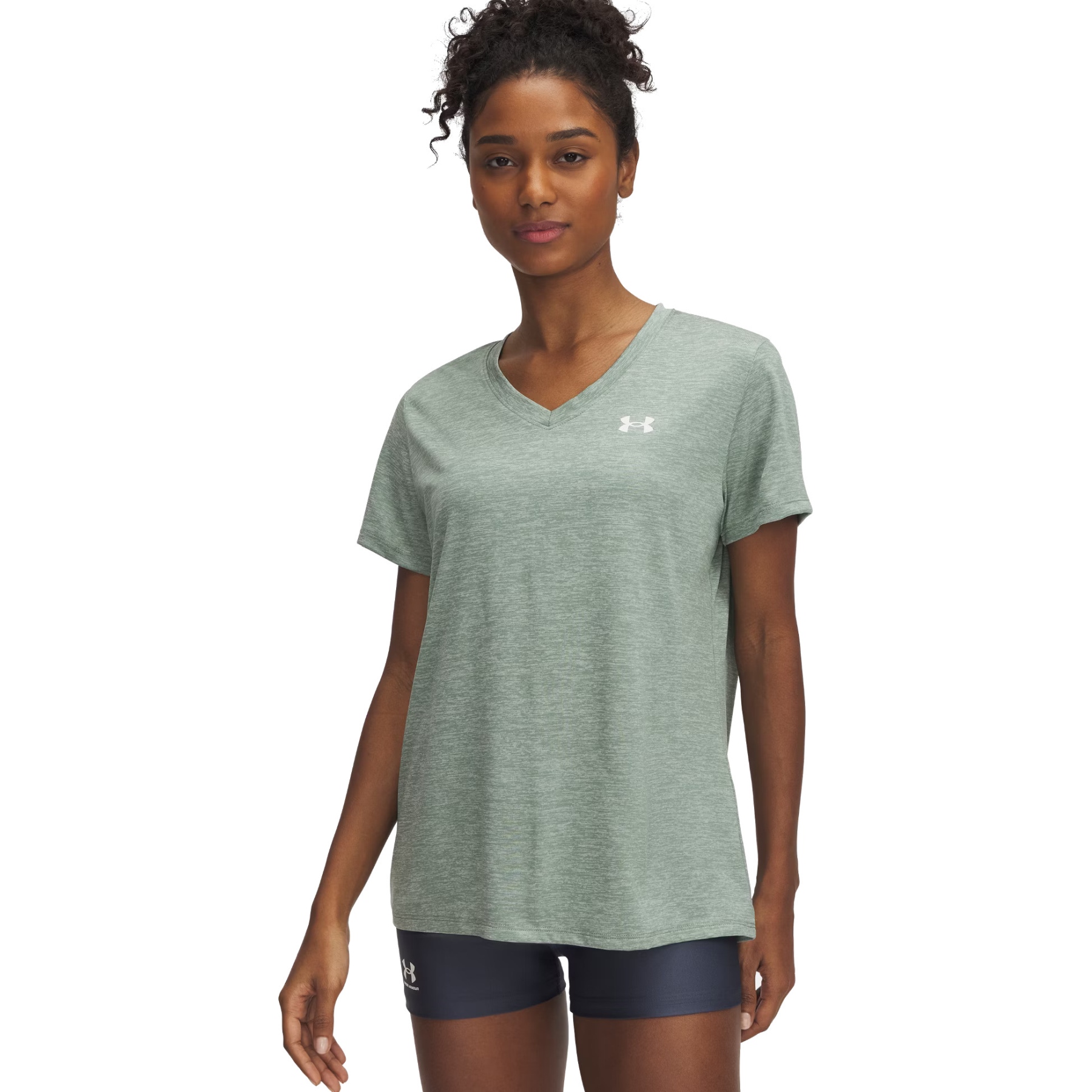 Photo produit de Under Armour Haut à Manches Courtes Col V Femme - UA Tech™ Twist - Silica Green/Blanc