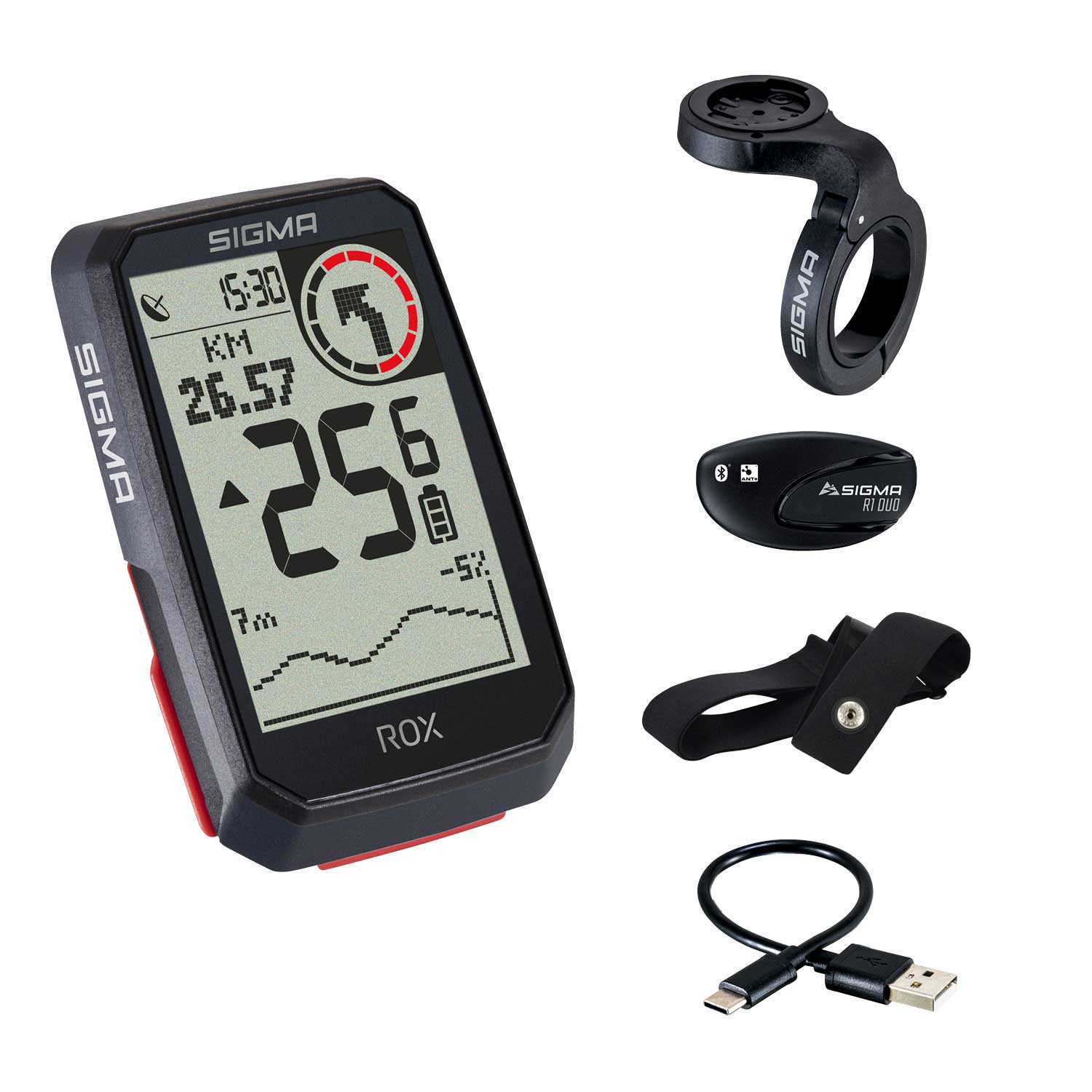 Produktbild von Sigma Sport ROX 4.0 HR Set - GPS Fahrradcomputer + R1 DUO HR Brustgurt + Overclamp Butler Halterung - schwarz