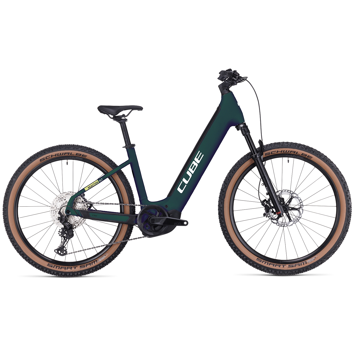 Productfoto van CUBE REACTION HYBRID SLT 750 - 27.5&quot; Easy Entry Electric Mountain Bike - 2023 - goblin / yellow