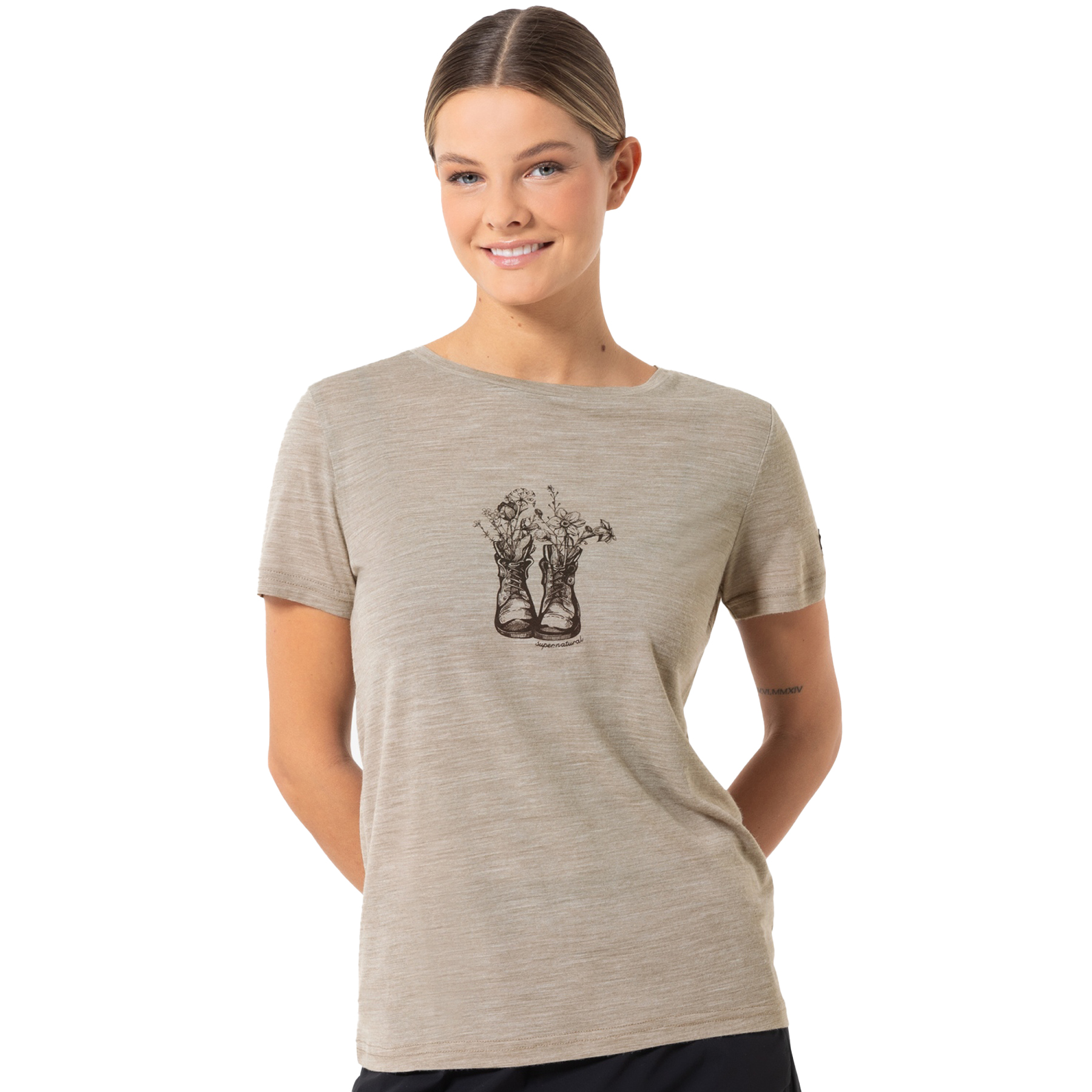 Produktbild von SUPER.NATURAL Flower Boots T-Shirt Damen - Vintage Khaki Melange/Chocolate Bean