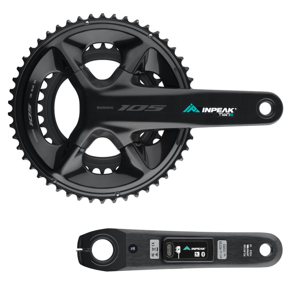 Pédalier complet Shimano 105 R7100 avec capteur bilatéral INPEAK POWERCRANK-E TWiN2, face avant et manivelle gauche