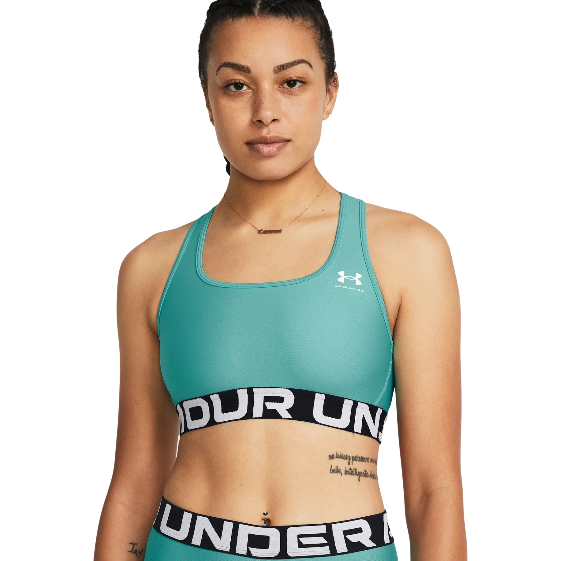Picture of Under Armour HeatGear® Armour Mid Branded Sport Bra Women - Radial Turquoise/White