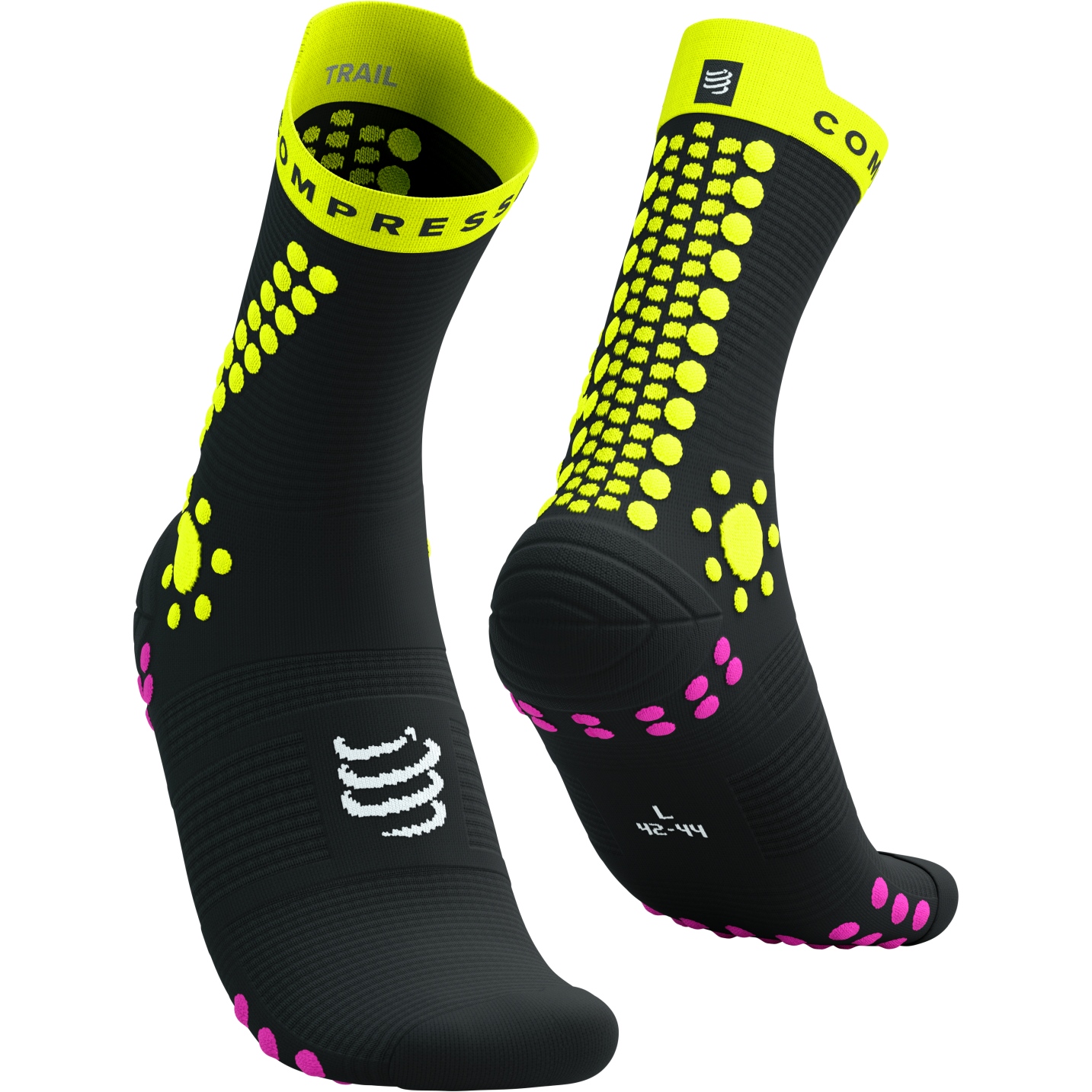 Image of Compressport Pro Racing Compression Socks v4.0 Trail - black/safety yellow/neon pink