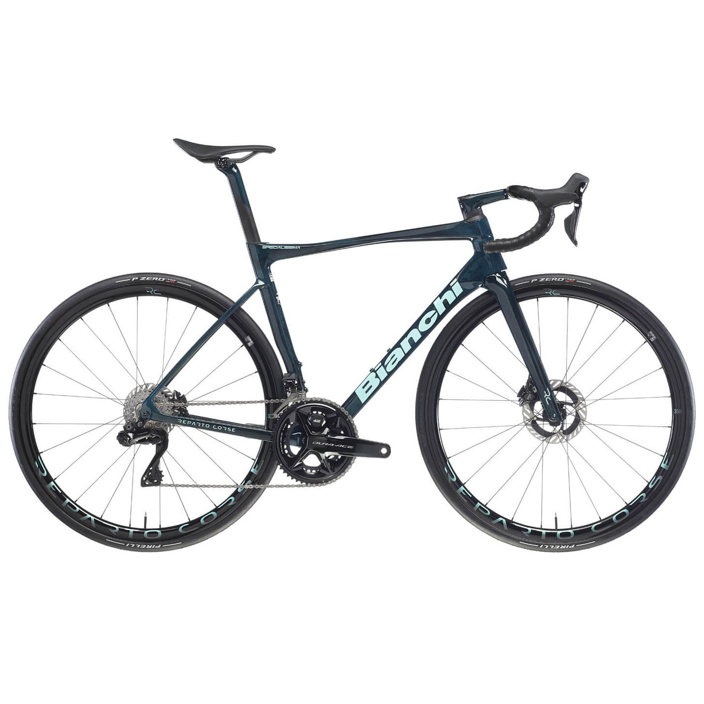 Bianchi SPECIALISSIMA RC 140th - Dura Ace Di2 - Карбоновый шоссейный велосипед - 2025 - окрашенный в темный цвет celeste / carbon UD CK16 / полностью глянцевый
