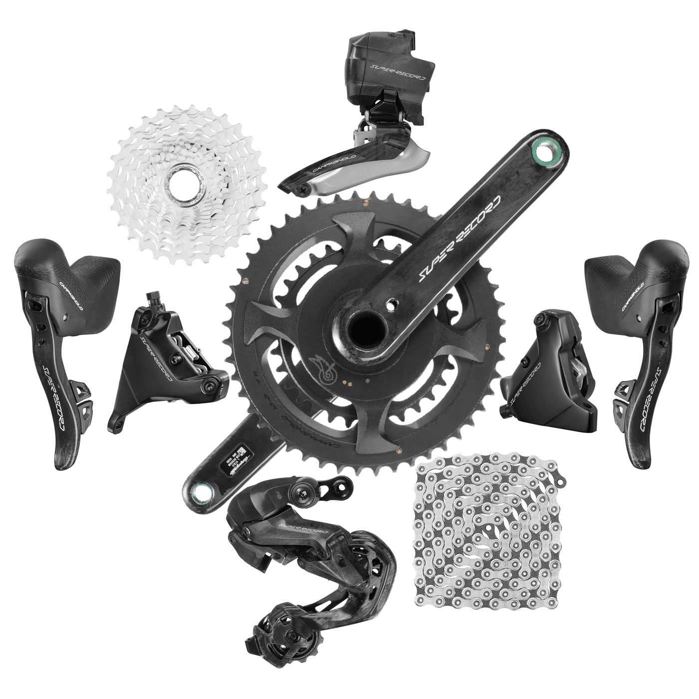Productfoto van Campagnolo Super Record WRL Schakelgroep 2x12-Voudig - Hydraulische Schijfrem - Flat Mount - Powermeter Crankset