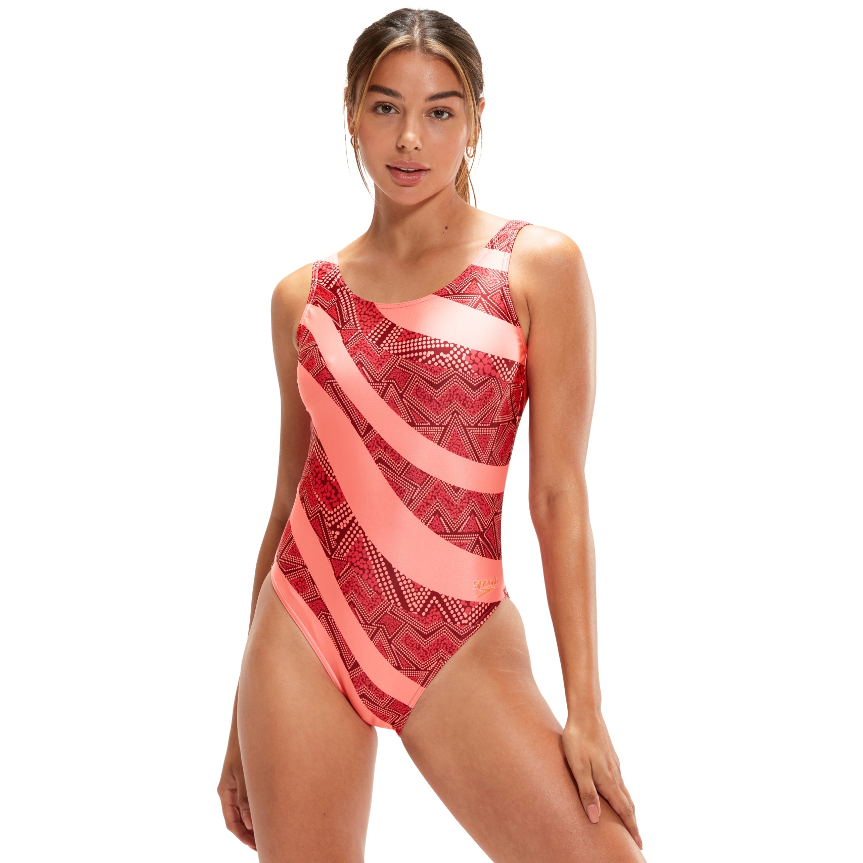 Speedo Printed Deep U-Back Bathing Suit - oxblood/soft coral