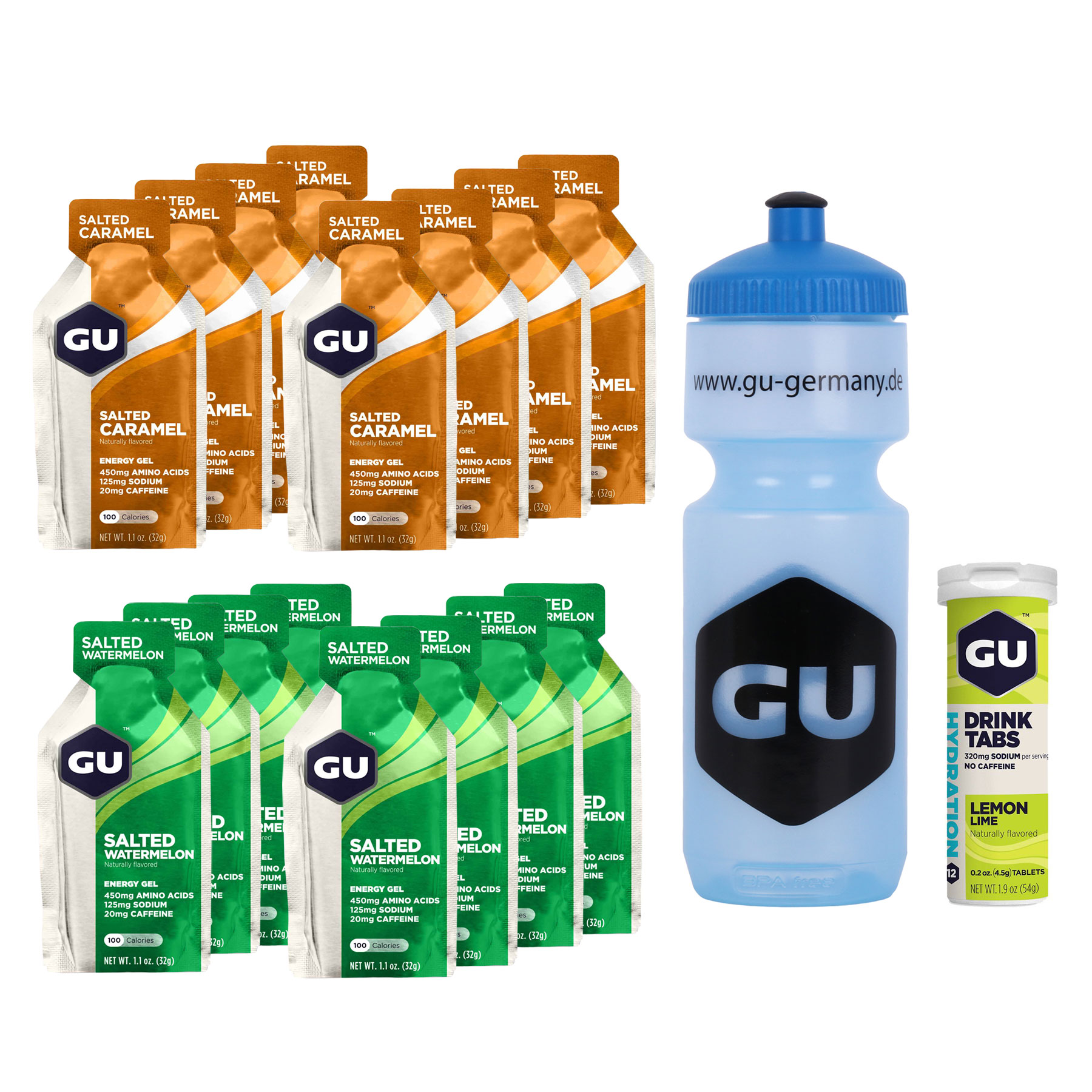 Produktbild von GU Salziges Testpaket - 16x Energy Gels + Elektrolyt-Brausetabletten + Gratis Trinkflasche 750ml