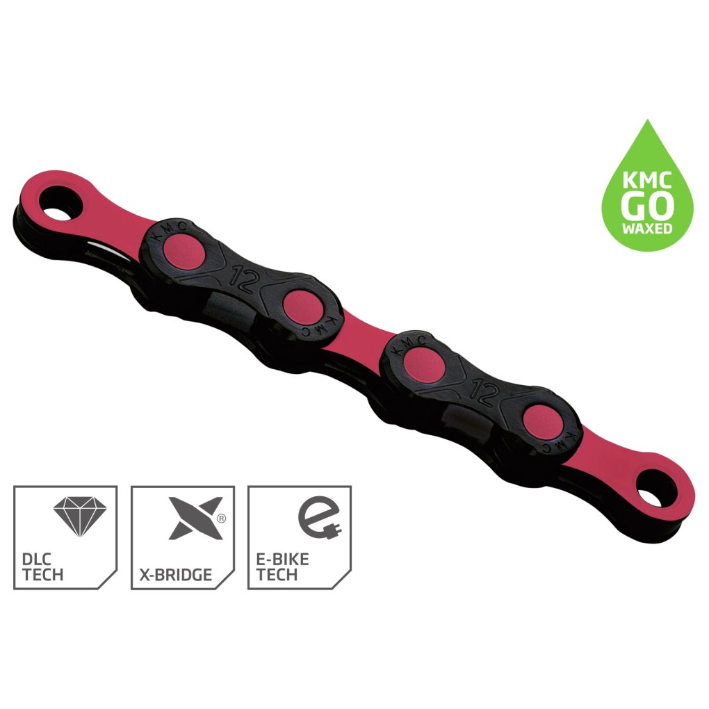 Chaîne KMC X12 DLC 126 Maillons - Noir/Rouge, Compatible 12 Vitesses Shimano, SRAM, Campagnolo Et Vélos électriques