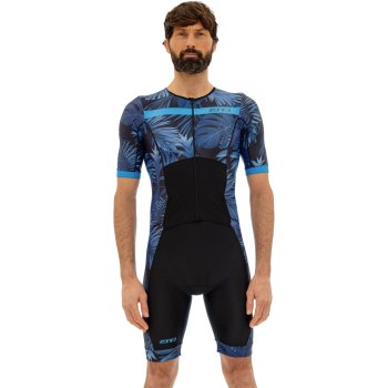 Zone3 Men's Activate Plus Tropical Palm Short Sleeve Full Zip Trisuit -  navy/blue