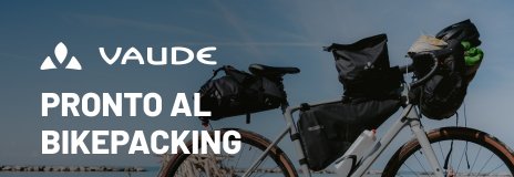 La bicicletta gravel con borse da bikepacking Vaude, con il mare sullo sfondo.