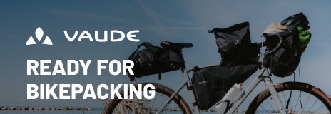 Gravel Bike mit Vaude Bikepacking Taschen vor dem Meer im Hintergrund.