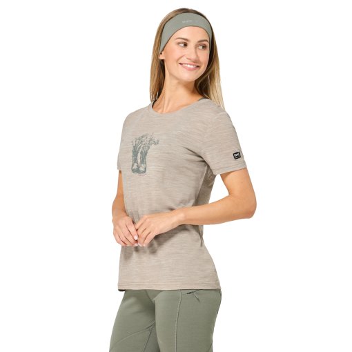 Billede af SUPER.NATURAL Flower Boots T-shirt til damer - Vintage Khaki Melange/Eucalyptus/Sangria