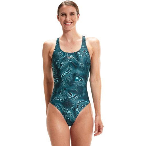 Produktbild von Speedo Allover Digital Powerback Badeanzug Damen - Night Jungle/Black/Marine Blue/Mystic