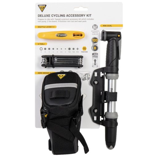 Immagine prodotto da Topeak Deluxe Cycling Accessory Kit with Mini Dual Pump, Shuttle Lever 1.1, X-Tool+ &amp; Aero Wedge Pack Small