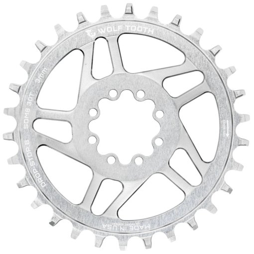Photo produit de Wolf Tooth Plateau vélo pour SRAM 8-Bolt Direct Mount | Drop-Stop B | 3mm Offset | Boost - raw silver