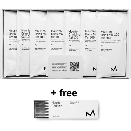 Produktbild von MAURTEN Drink Mix 320 CAF 100 - Hydrogel-Getränkepulver + Koffein - 14x83g + gratis Addition - 6x2g