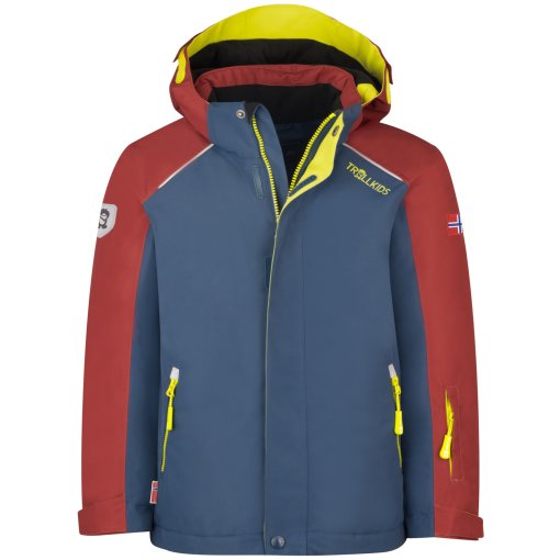 Foto de Trollkids Chaqueta Esquí Niños - Holmenkollen PRO - Carmin Red/Mystic Blue/Glow Green
