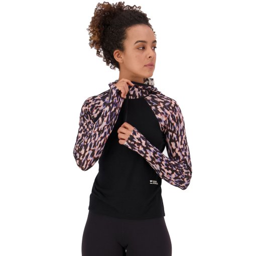 Photo produit de Mons Royale Bella Merino T-shirt à capuche et manches longues pour femmes - rock leopard / black
