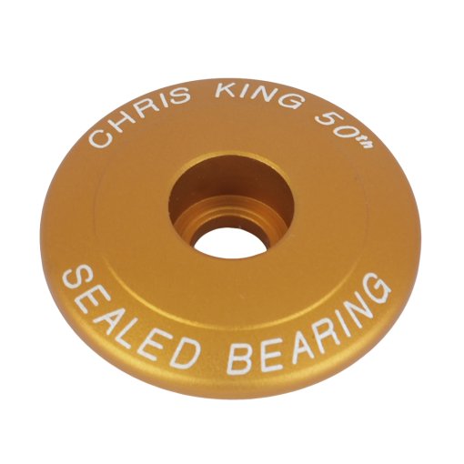 Productfoto van Chris King NoThreadSet Ahead-kap - 1 1/8&quot; - Classic Logo Print - matte gold 50th