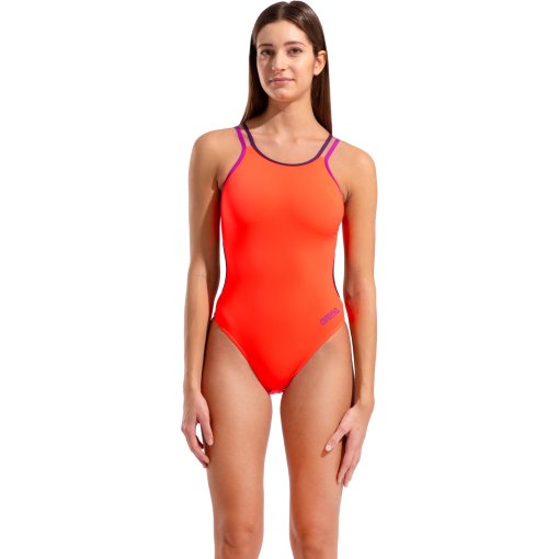 Picture of arena Performance Solid Double Cross Back Swimsuit Women - Bright Coral-Plum-Very Fuchsia