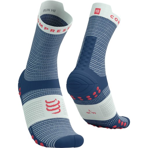 Photo produit de Compressport Chaussettes de Compression - Pro Racing v4.0 Run High - dress blues/sugar swizzle/fluo red