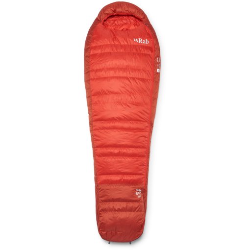 Productfoto van Rab Alpine -6C / 20F Donzen slaapzak - Regular - rits links - dark horizon/tuscan red