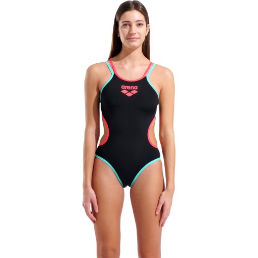Picture of arena One Double Cross Back Swimsuit Women - Black-Bright Coral-Water