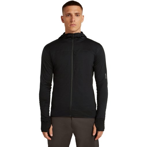 Slika izdelka Icebreaker Merino 300 RealFleece™ Descender Moška jopa s kapuco z dolgimi rokavi in zadrgo - Black