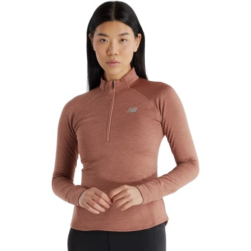 Photo produit de New Balance Shirt Manches Longues Femme - Athletics Heat Grid 1/2 Zip - Earth Shadow Heather