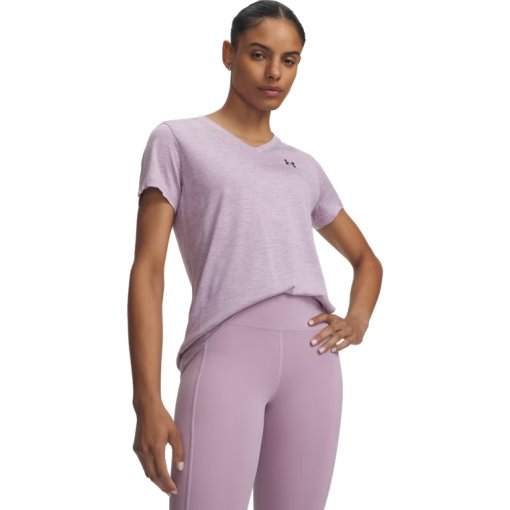 Photo produit de Under Armour Haut à Manches Courtes Col V Femme - UA Tech™ Twist - Mauve Pink/Purple Echo