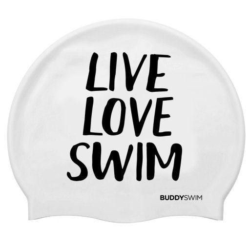Produktbild von Buddyswim Silikon Badekappe - LIVE LOVE SWIM - weiß