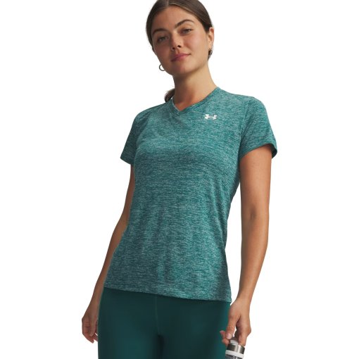 Productfoto van Under Armour UA Tech™ Twist V-Neck Shirt met Korte Mouwen Dames - Rack Green/White