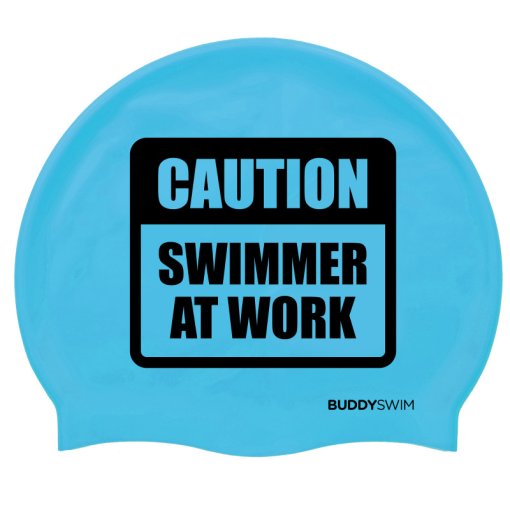 Produktbild von Buddyswim Silikon Badekappe - CAUTION SWIMMER AT WORK - blau