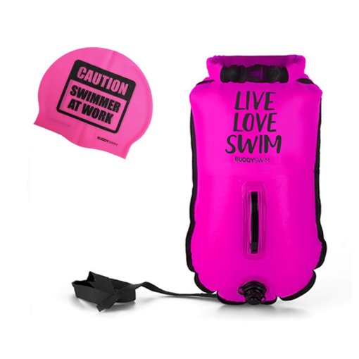 Foto de Buddyswim Boya Drybag 20lt - Boya Natacion + Gorro Natación - pink/live love swim