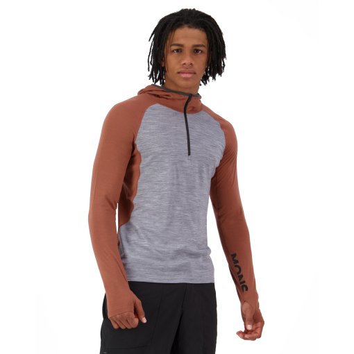 Photo produit de Mons Royale Temple Merino T-shirt à capuche et manches longues pour hommes - cinnamon / grey heather