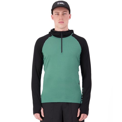 Picture of Mons Royale Temple Merino Long Sleeve Hood Men - deep jade / black