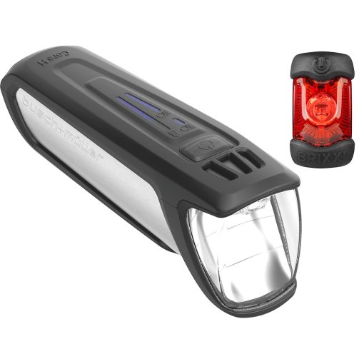 Photo produit de Busch + Müller Kit d&#039;éclairage à Piles - IXON CORE 2 Highbeam Lumière Avant + BRIXXI Lumière Arrière - 181H/385